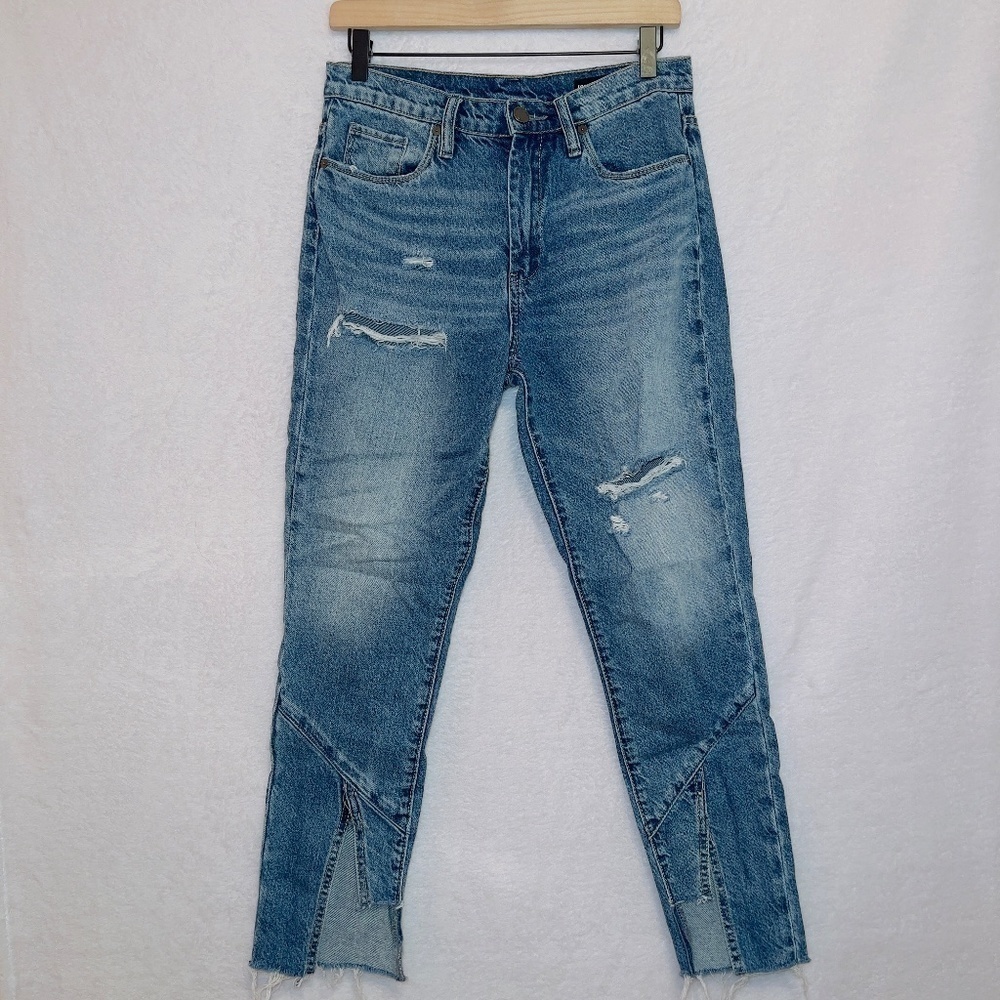 BlankNYC Medium Wash Denim High Rise Split Frayed Hem Ankle Skinny Jeans size 27